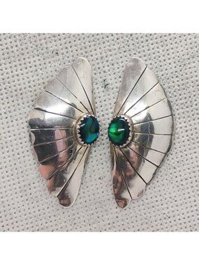 Vtg Native Handmade Sterling Silver Fan Wing Shape Abalone Pierced Earrings 2"